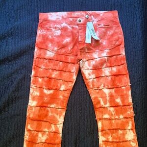 Light Red Tie-dyed Golden Denim Jeans, Size 40
